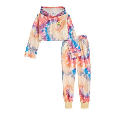 Lola & the Boys - Kids’ Be Happy Tie Dye Cotton Crop Hoodie & Joggers Set