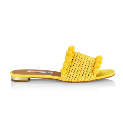 Aquazzura - Woven Raffia Pom-Pom Slides