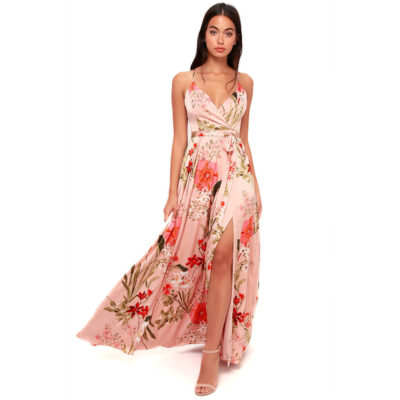 Lulus - Still the One Blush Pink Floral Print Satin Maxi Dress