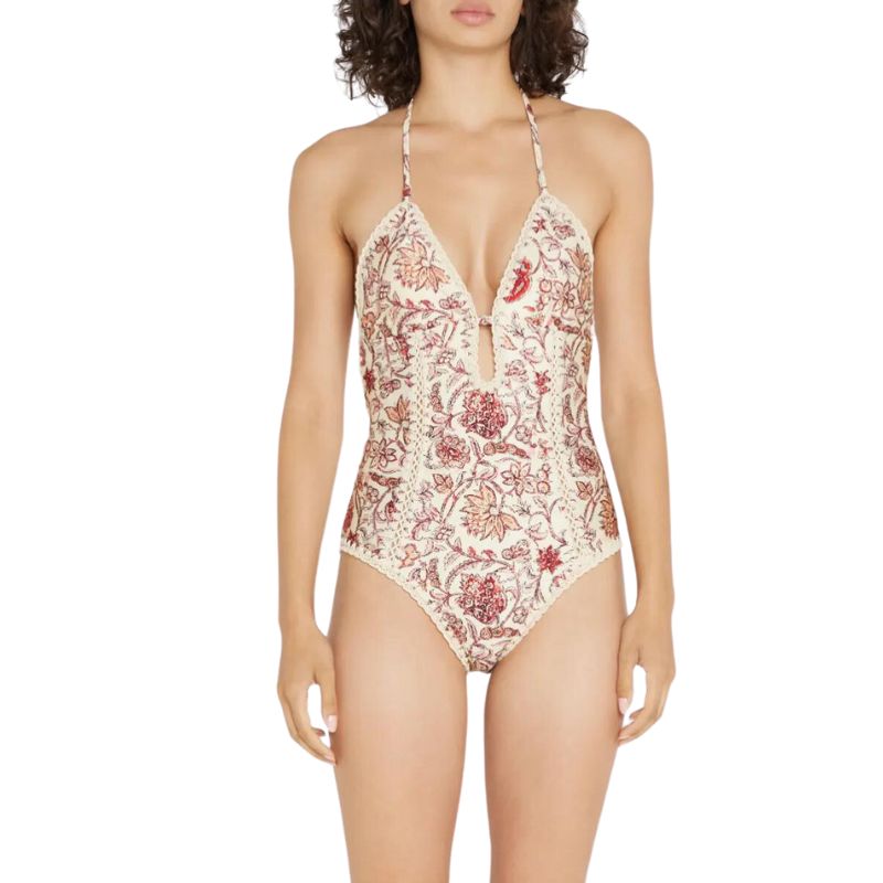 beige floral print one piece crochet swimsuit