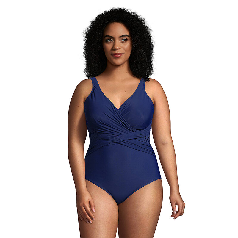 Lands’ End - Women's Plus Size Slender Tummy Control V-neck Wrap One Piece Swimsuit