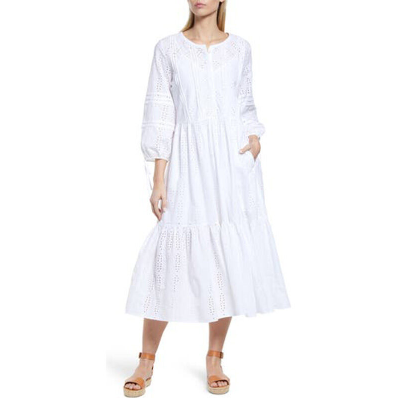 Caslon - Eyelet Three-Quarter Sleeve Cotton Midi Dress