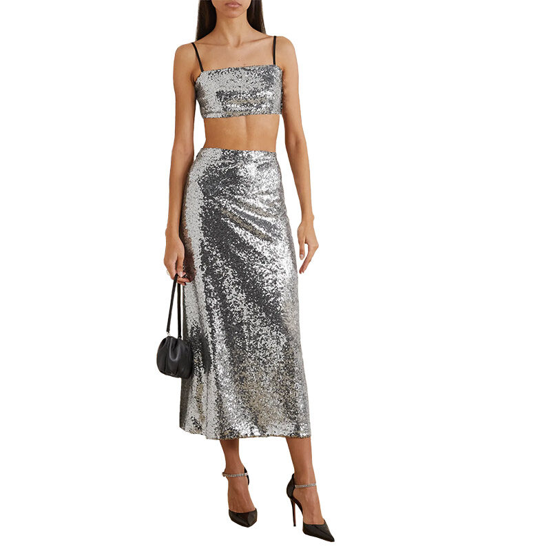 HVN - Sequined Stretch-Jersey Cropped Top and Midi Skirt Set