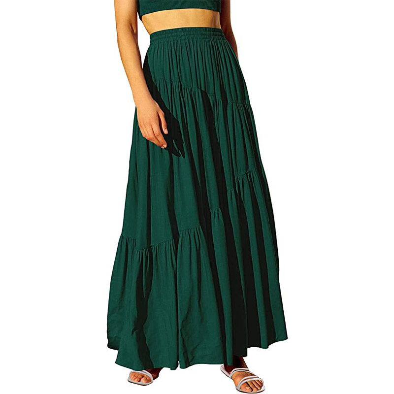 Amrabess - Boho Elastic High Waist Pleated A-Line Flowy Swing 