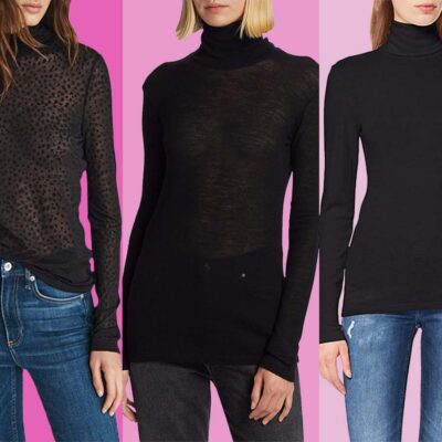 Three women wearing different style black turtlenecks and jeans on a pink background.