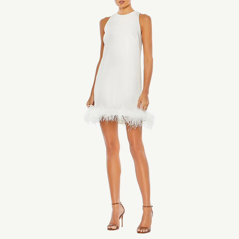 Ieena for Mac Duggal  - Crewneck Faux Feather Hem Cocktail Dress