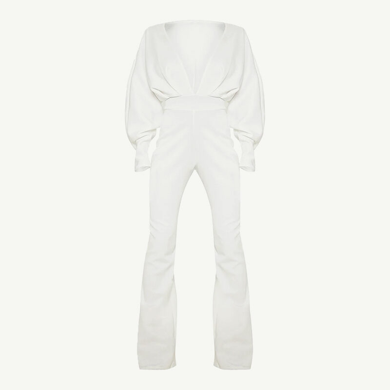 Pretty Little Thing  - White Pleated Balloon Sleeve Jumpsuit 