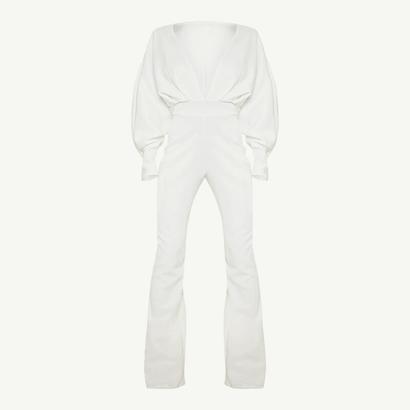 Pretty Little Thing  - White Pleated Balloon Sleeve Jumpsuit 