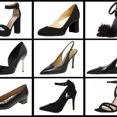 Assortment of 9 black heels featuring various shapes, styles, and heel heights for any occasion.