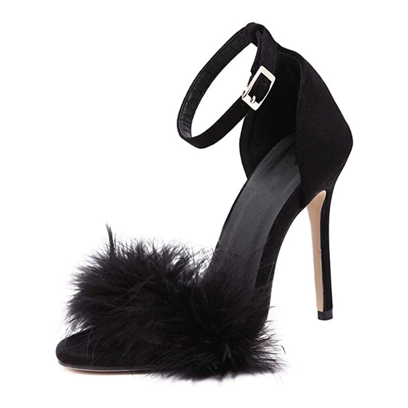 YIBLBOX  - Open Toe Sandal Fluffy Feather Lace Up Strappy High Heel Shoes