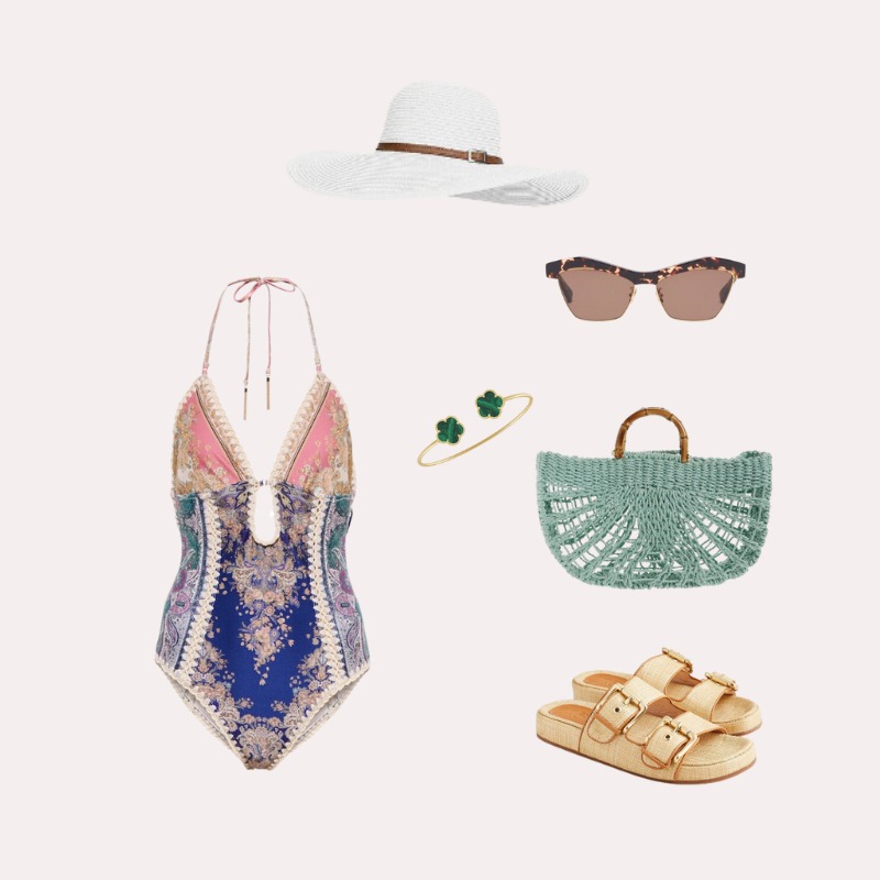 what to wear to Italy look including a swimsuit, sun hat, sunglasses and a beach bag