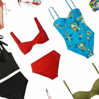 Selection of colorful underwire one pieces, bikinis and tankinis for extra support and lift