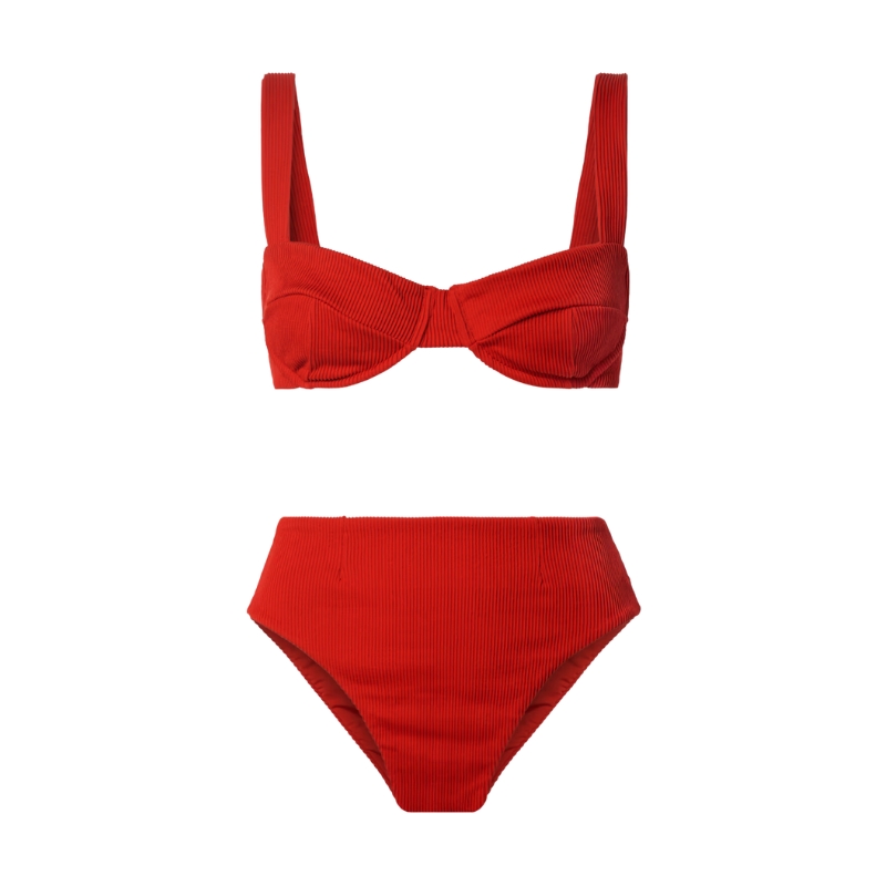 Red underwire bikini top with high waisted bottom for beach activities